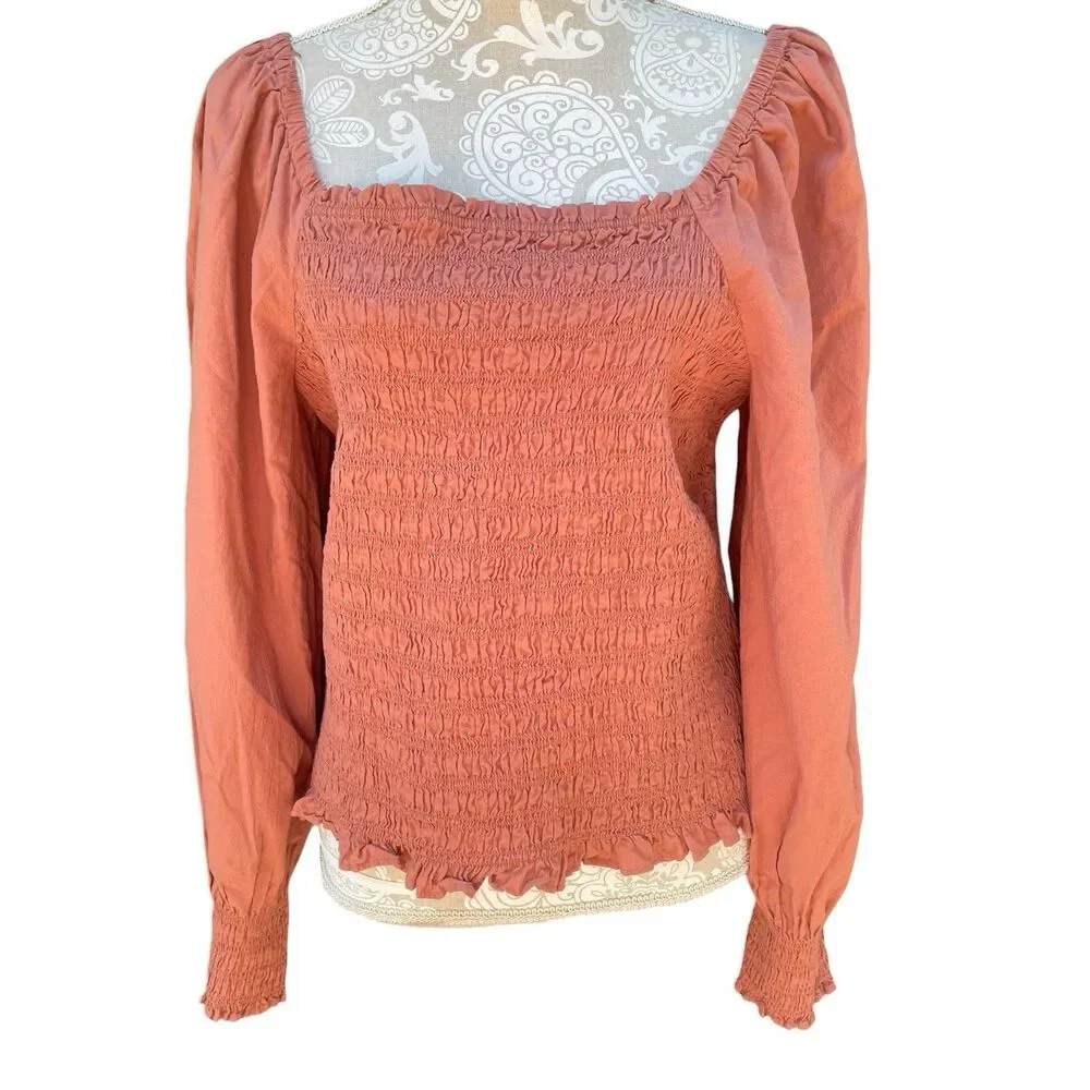 Cottagecore Boho Smocked Bubble Sleeve Top Madewell Lucie Warm Umber M